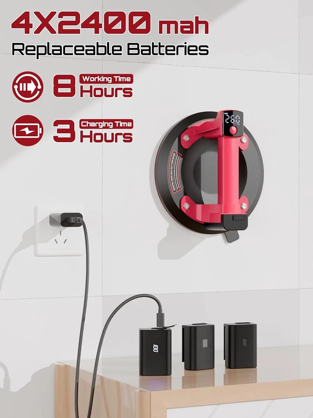 Alt view image 3 of 6 - Electric Vacuum Suction Cup Lifter, 570lbs Max Load with Digital Display, 4x 3000mAh USB Batteries for Glass/Mirror/Marble/Granite/Windshields/Tile