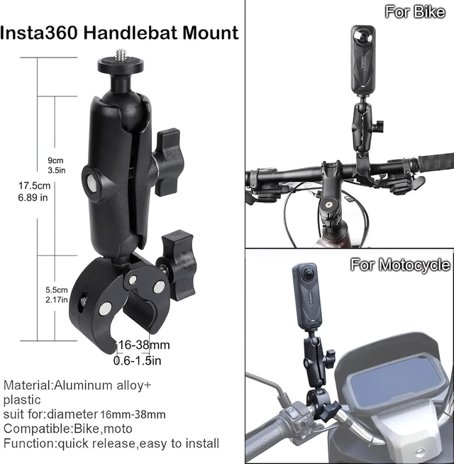 Alt view image 4 of 7 - Bike/Motorcycle Handlebar Mounting Bundle for Insta360 X5/X4 & Action 5 Pro/4/3, Includes 360° Handlebar Mount, 1/4" Adapter, Helmet Stick, Backpack Clip & Screen Protector