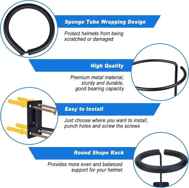 Alt view image 3 of 7 - Wall-Mounted Motorcycle Helmet Holder Hanger, Multifunctional Metal Rack with Sponge Tubes & Expansion Screws