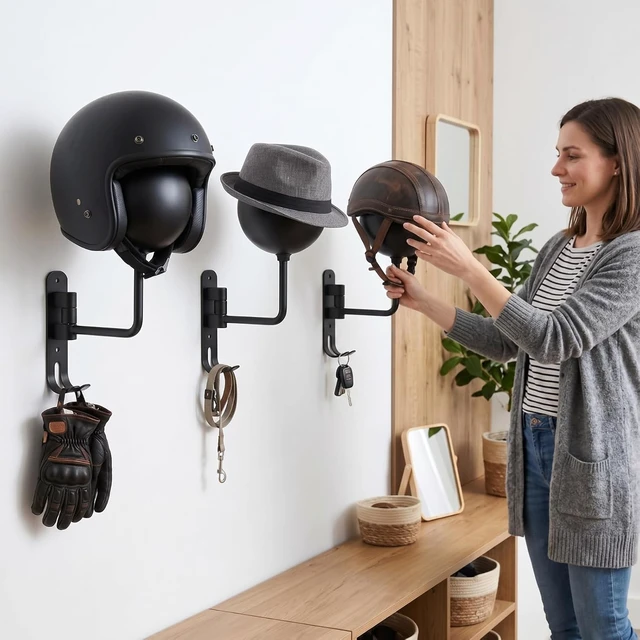 Alt view image 7 of 7 - Wall Mount Motorcycle Helmet Holder, Metal Hanger