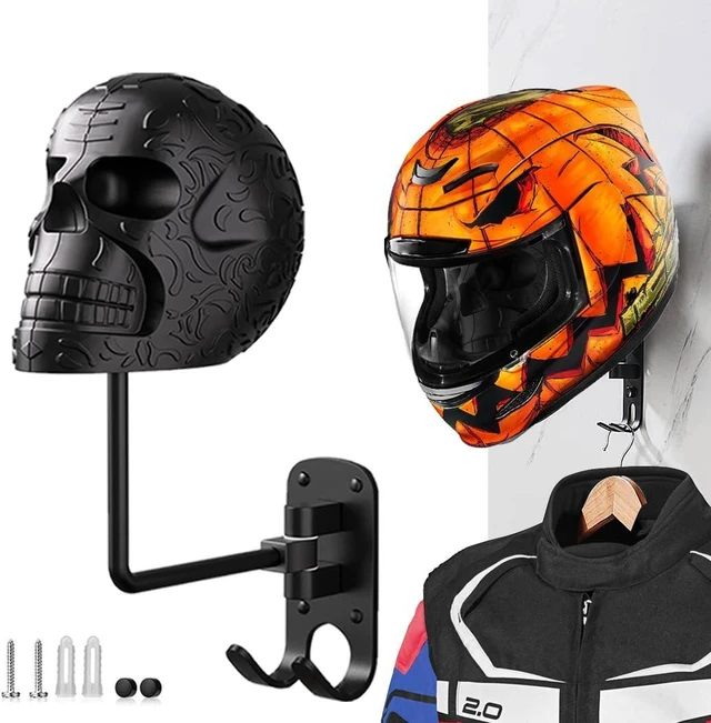 Main image of Metal Skull Helmet Holder, 180° Rotation Wall Mount Motorcycle Helmet Rack with 2 Hooks for Bike/Baseball/Rugby, Black