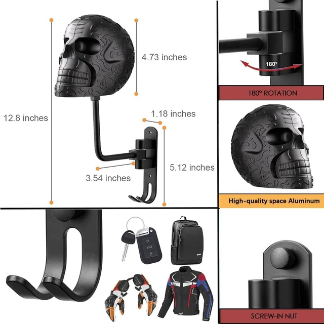 Alt view image 2 of 6 - Metal Skull Helmet Holder, 180° Rotation Wall Mount Motorcycle Helmet Rack with 2 Hooks for Bike/Baseball/Rugby, Black