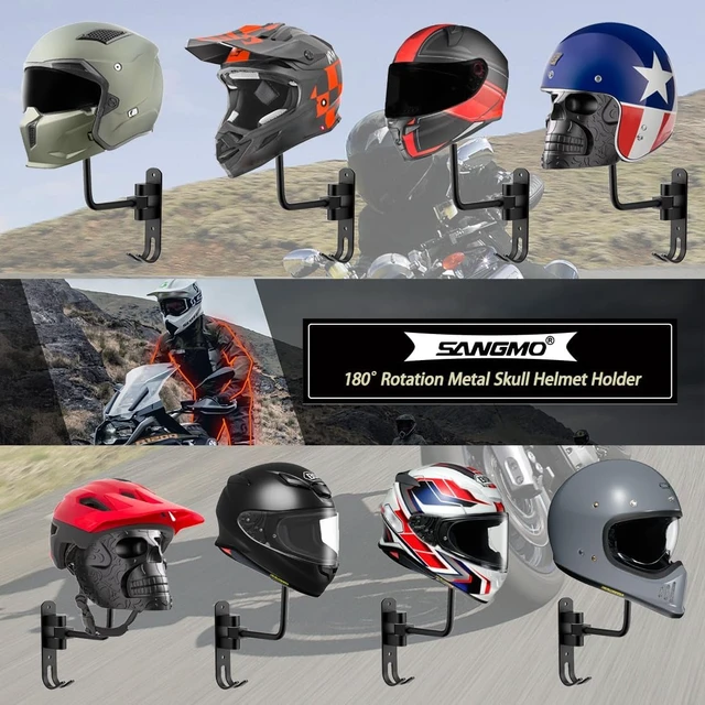 Alt view image 3 of 6 - Metal Skull Helmet Holder, 180° Rotation Wall Mount Motorcycle Helmet Rack with 2 Hooks for Bike/Baseball/Rugby, Black