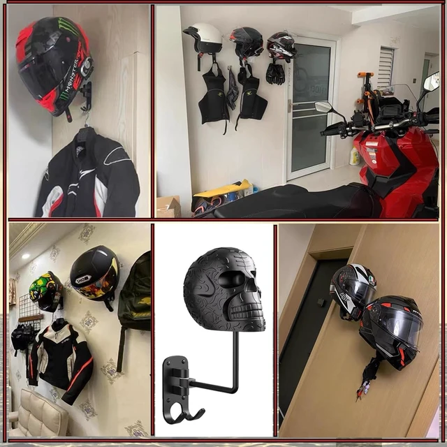 Alt view image 4 of 6 - Metal Skull Helmet Holder, 180° Rotation Wall Mount Motorcycle Helmet Rack with 2 Hooks for Bike/Baseball/Rugby, Black
