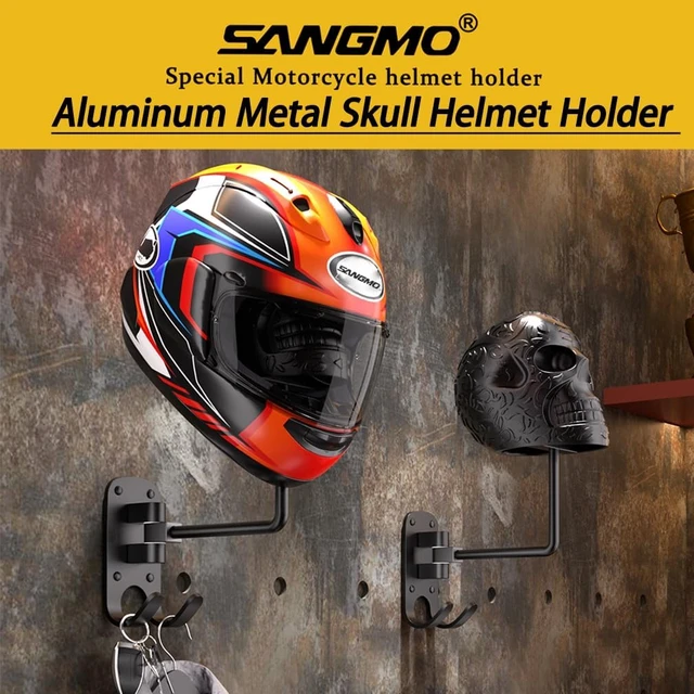 Alt view image 6 of 6 - Metal Skull Helmet Holder, 180° Rotation Wall Mount Motorcycle Helmet Rack with 2 Hooks for Bike/Baseball/Rugby, Black