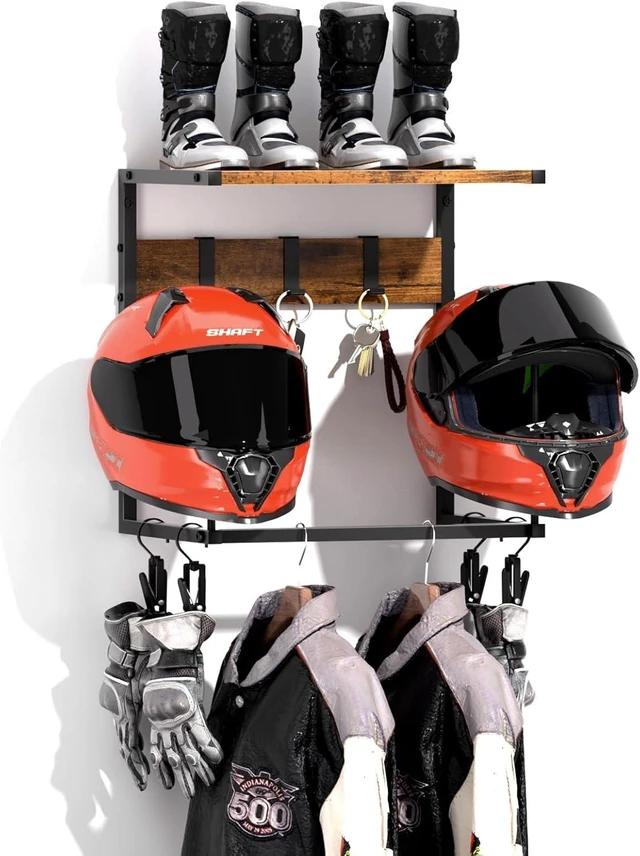 Main image of Wall Mount Motorcycle Helmet Holder Rack with 2 Hat Stands