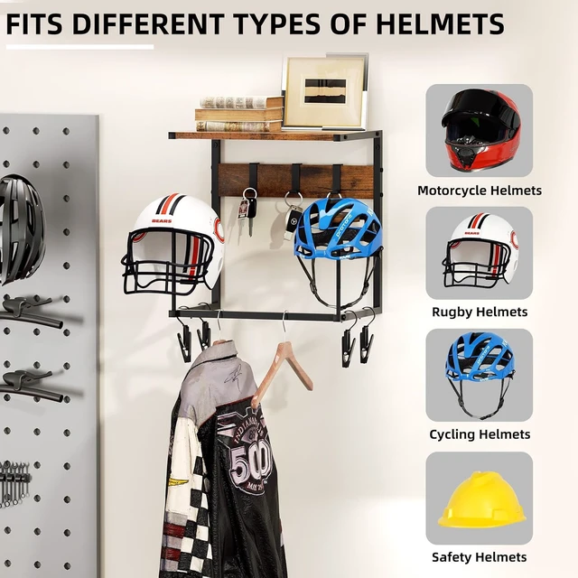 Alt view image 3 of 7 - Wall Mount Motorcycle Helmet Holder Rack with 2 Hat Stands