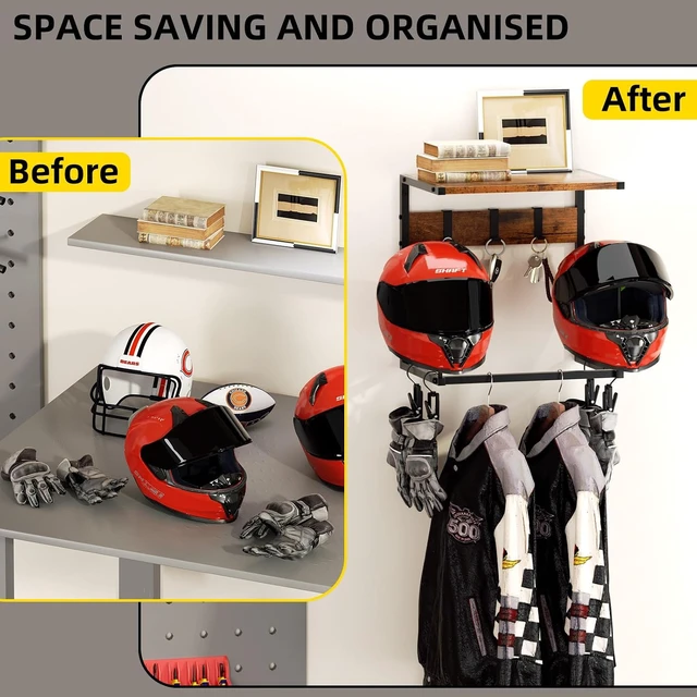 Alt view image 4 of 7 - Wall Mount Motorcycle Helmet Holder Rack with 2 Hat Stands