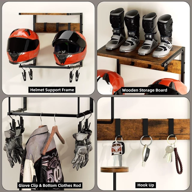 Alt view image 5 of 7 - Wall Mount Motorcycle Helmet Holder Rack with 2 Hat Stands