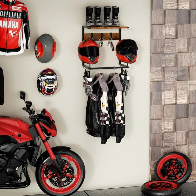 Alt view image 7 of 7 - Wall Mount Motorcycle Helmet Holder Rack with 2 Hat Stands