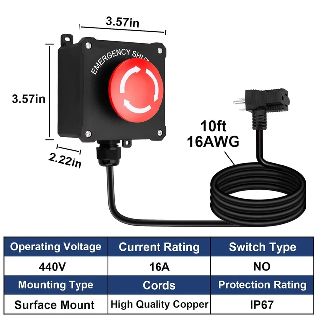 Alt view image 4 of 7 - 440V 16A Emergency Stop Switch with 10ft Heavy-Duty Cord & E-Stop
