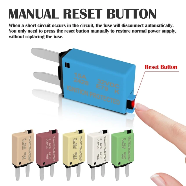 Alt view image 4 of 7 - ATM Manual Reset Fuse Kit, Low-Profile Mini Fuses 5A/10A/15A/20A/25A/30A for DC 32V Automotive Circuit Breakers, RV/Car/Truck