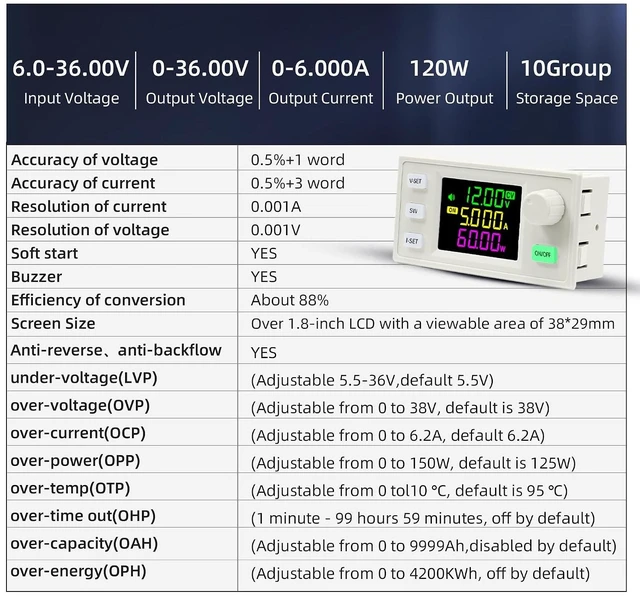 Alt view image 5 of 7 - SK-120X Adjustable 120W DC-DC Buck-Boost Power Converter, CC/CV 6-36V to 0-36V with Color Display, Regulated Laboratory Power Supply