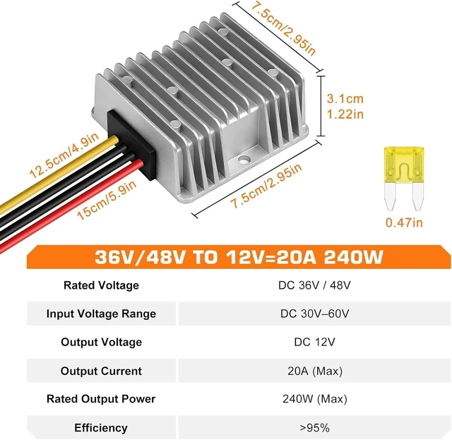 Alt view image 6 of 7 - 36V/48V to 12V Converter, 20A 240W Waterproof DC-DC Step-Down Regulator with Fuse for Golf Cart, Forklift & Car
