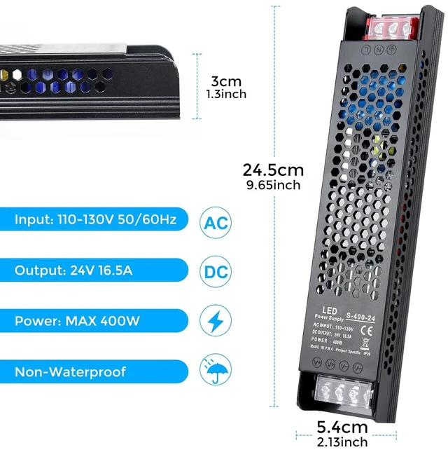 Alt view image 3 of 7 - 400W 110V AC to 24V DC Converter, 16.5A 24V Regulated Switching Power Supply for LED Strips & Electronics Projects