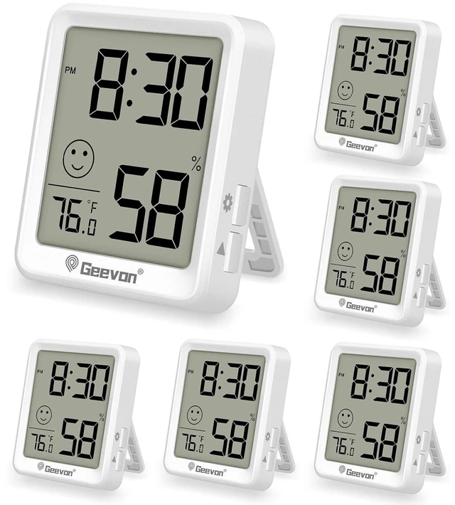 Main image of 6-Pack Mini Indoor Thermometer Hygrometer, Temperature & Humidity Monitor with Time Display & Comfort Indicator for Home/Office/Garden/Cellar