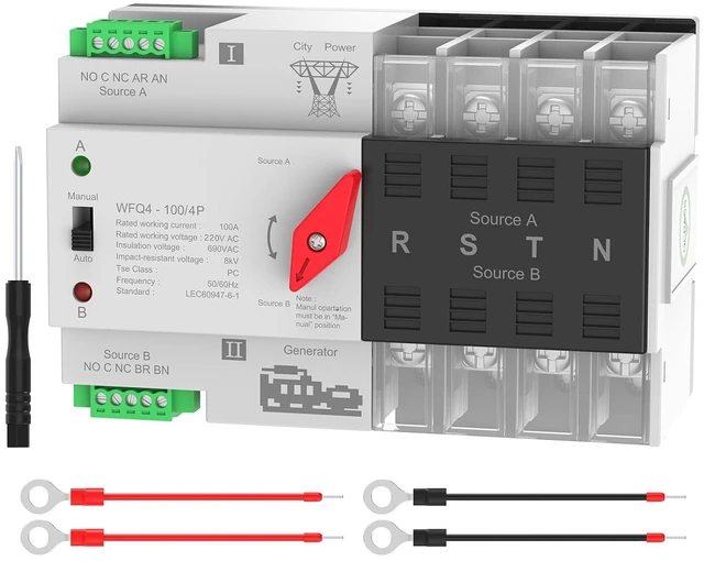 Main image of 100A AC 220V Automatic Transfer Switch, 4P Dual Power ATS Auto/Manual DIN Rail Mount for Home Generator, RV & Backup Power