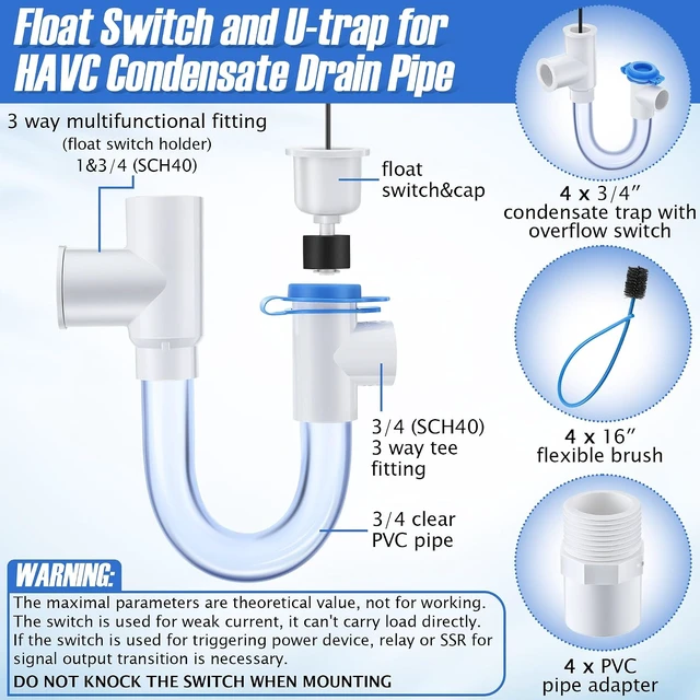 Alt view image 6 of 7 - 4 Pack 3/4" Condensate Trap with Built-in Overflow Switch, White
