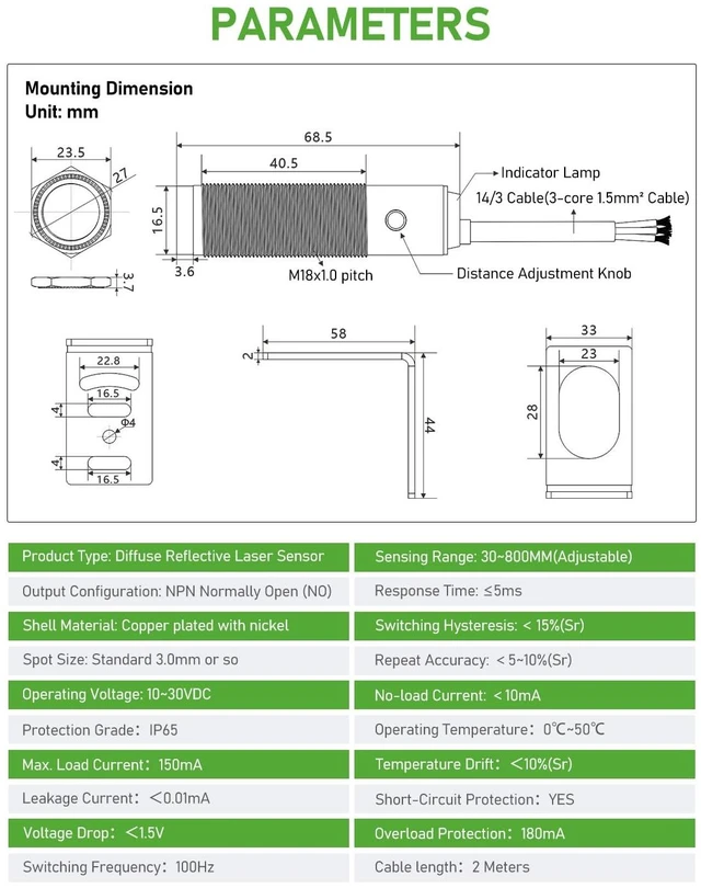 Alt view image 2 of 7 - Photoelectric Proximity Sensor, IP65 Waterproof Laser Motion Switch, NPN NO M16 3-Wire, 12V/24V (10-30VDC), Adjustable 3cm-80cm Detection