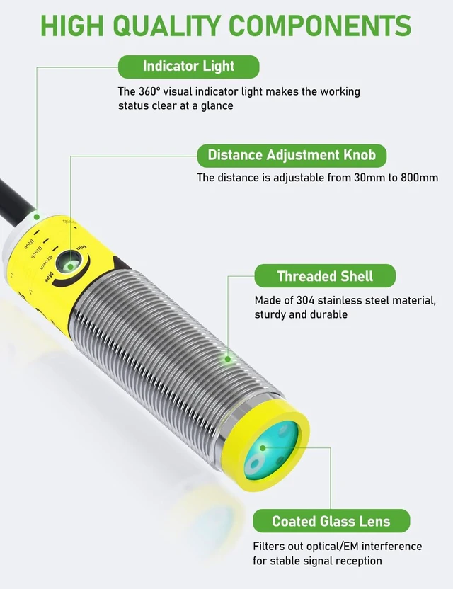 Alt view image 3 of 7 - Photoelectric Proximity Sensor, IP65 Waterproof Laser Motion Switch, NPN NO M16 3-Wire, 12V/24V (10-30VDC), Adjustable 3cm-80cm Detection