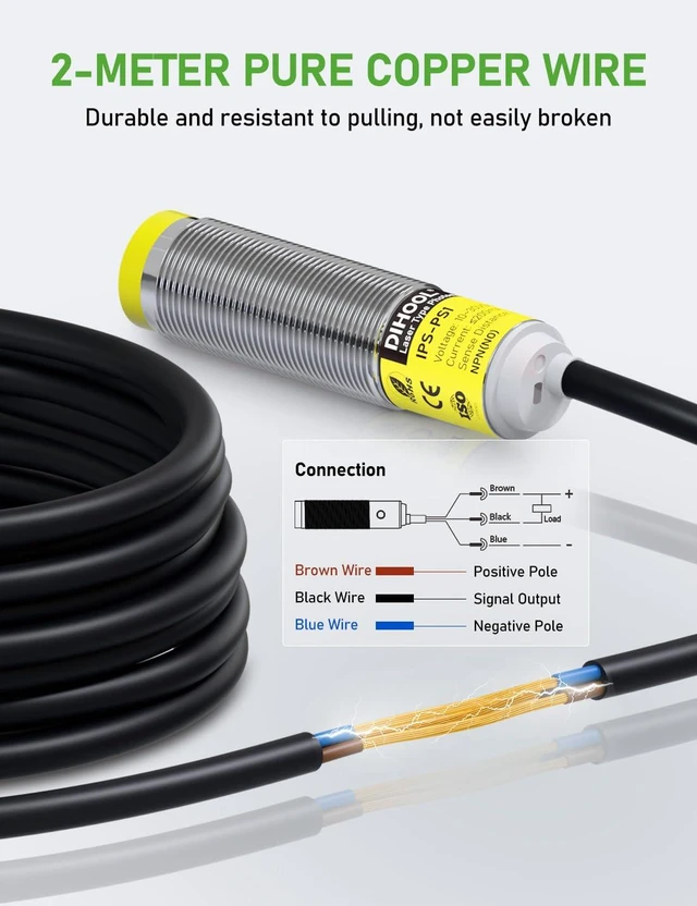 Alt view image 5 of 7 - Photoelectric Proximity Sensor, IP65 Waterproof Laser Motion Switch, NPN NO M16 3-Wire, 12V/24V (10-30VDC), Adjustable 3cm-80cm Detection