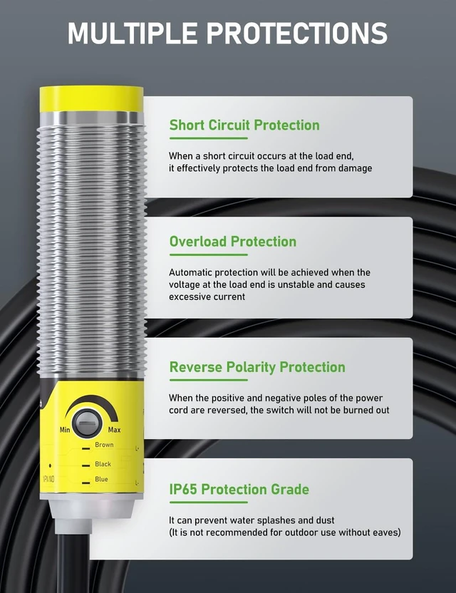 Alt view image 4 of 7 - Photoelectric Proximity Sensor, IP65 Waterproof Laser Motion Switch, NPN NO M16 3-Wire, 12V/24V (10-30VDC), Adjustable 3cm-80cm Detection