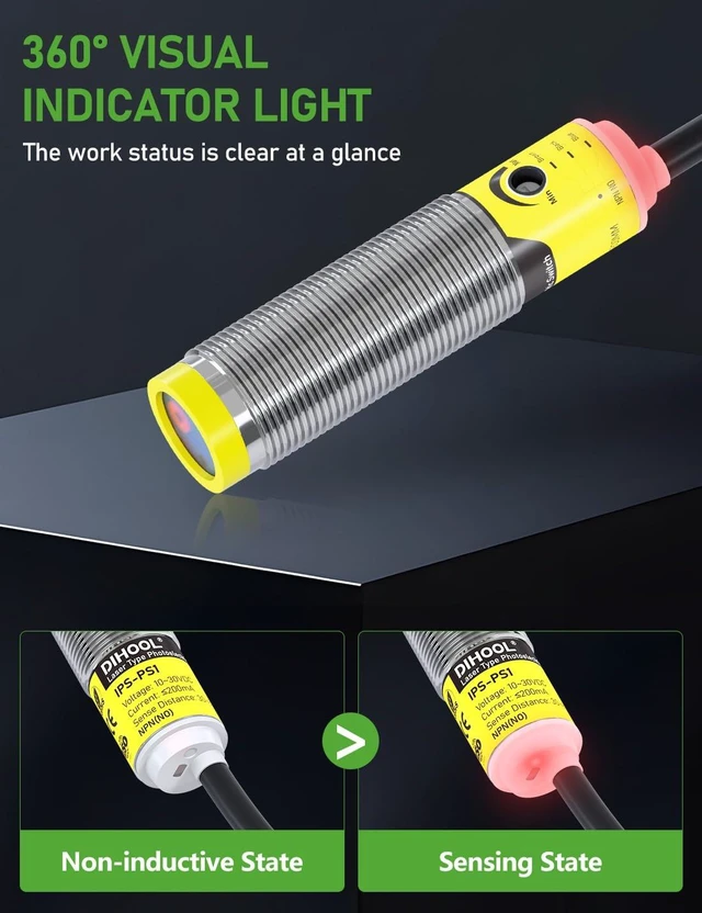 Alt view image 6 of 7 - Photoelectric Proximity Sensor, IP65 Waterproof Laser Motion Switch, NPN NO M16 3-Wire, 12V/24V (10-30VDC), Adjustable 3cm-80cm Detection
