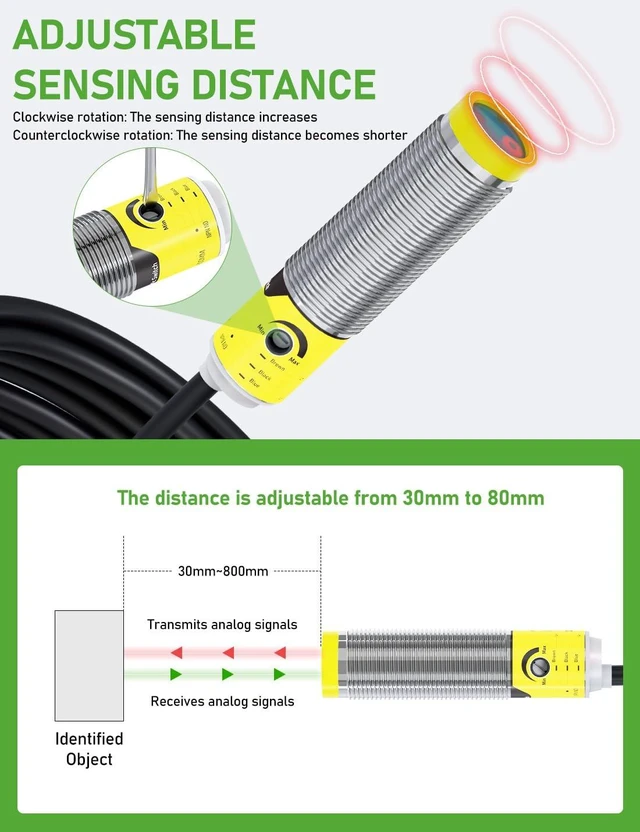Alt view image 7 of 7 - Photoelectric Proximity Sensor, IP65 Waterproof Laser Motion Switch, NPN NO M16 3-Wire, 12V/24V (10-30VDC), Adjustable 3cm-80cm Detection