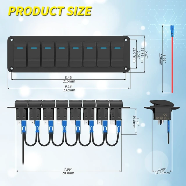 Alt view image 2 of 6 - 8-Gang 12V Waterproof Rocker Switch Panel, Blue LED 3-Pin On/Off Pre-Wired for Boat/Marine/Automotive/Car/Truck/RV/UTV