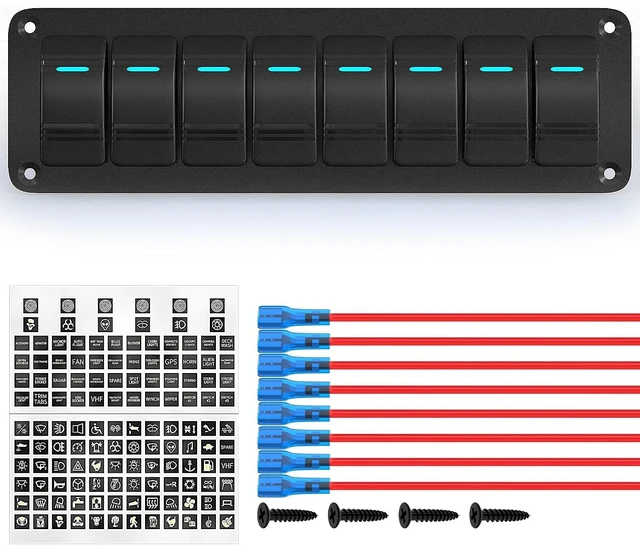 Main image of 8-Gang 12V Waterproof Rocker Switch Panel, Blue LED 3-Pin On/Off Pre-Wired for Boat/Marine/Automotive/Car/Truck/RV/UTV