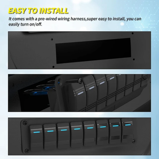 Alt view image 4 of 6 - 8-Gang 12V Waterproof Rocker Switch Panel, Blue LED 3-Pin On/Off Pre-Wired for Boat/Marine/Automotive/Car/Truck/RV/UTV