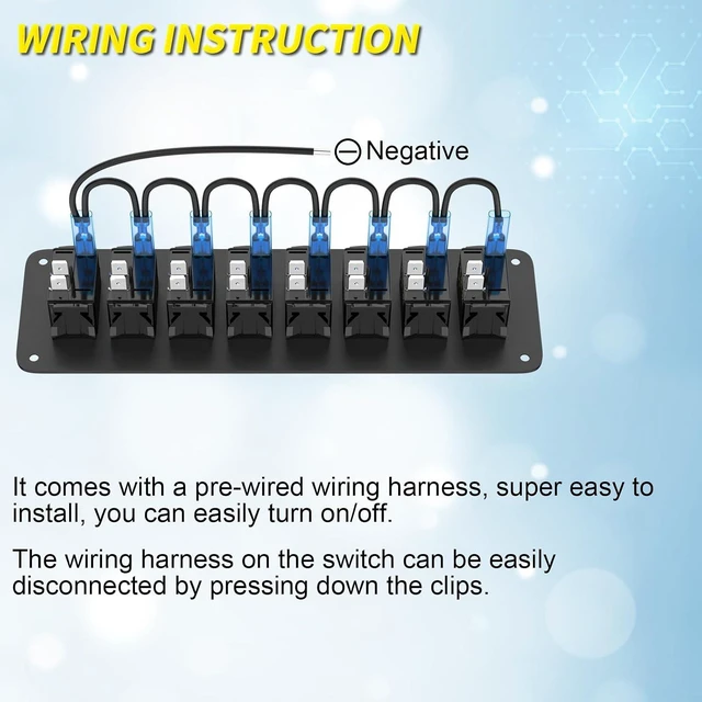 Alt view image 6 of 6 - 8-Gang 12V Waterproof Rocker Switch Panel, Blue LED 3-Pin On/Off Pre-Wired for Boat/Marine/Automotive/Car/Truck/RV/UTV