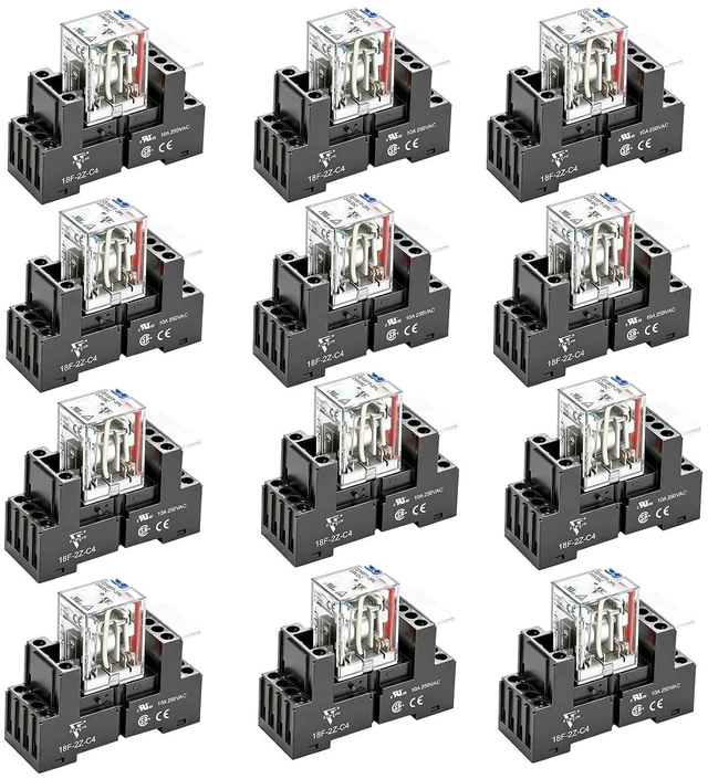 Main image of UL Listed 12Pcs Electromagnetic Power Relay, Din Rail 8-Pin 10Amp 24V DC with Test Button & LED Indicator, 2NO 2NC DPDT for PLC