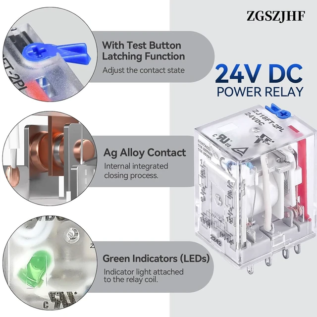 Alt view image 4 of 7 - UL Listed 12Pcs Electromagnetic Power Relay, Din Rail 8-Pin 10Amp 24V DC with Test Button & LED Indicator, 2NO 2NC DPDT for PLC