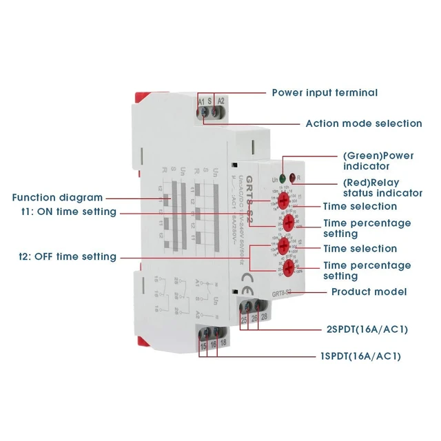 Alt view image 3 of 7 - GRT8-0.1S-100 Days Asymmetric Repeat Cycle Timer Relay, 35mm DIN Rail AC/DC 12-240V for Cyclic Delay Control