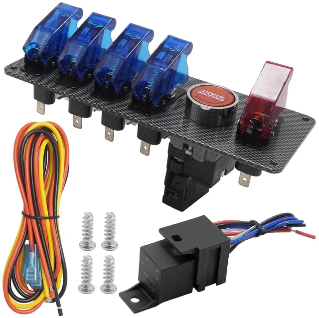 Main image of 12V Flip-Up Ignition Switch Panel, 5-in-1 Engine Start Push Button LED Toggle for Racing/Off-Road Vehicles & Boats