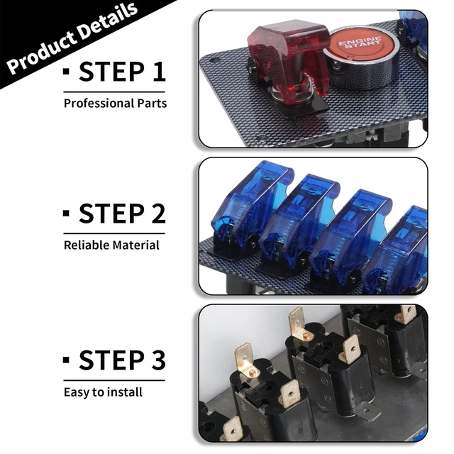 Alt view image 3 of 7 - 12V Flip-Up Ignition Switch Panel, 5-in-1 Engine Start Push Button LED Toggle for Racing/Off-Road Vehicles & Boats