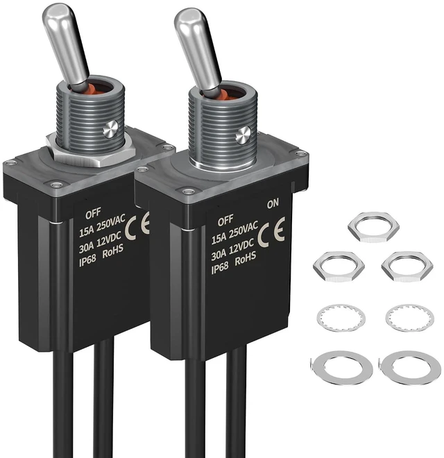 Main image of 12V IP68 Waterproof SPST On-Off Toggle Switch, Pre-Wired Heavy-Duty 12V DC 30A/125V AC 20A Latching Rocker for Car, Boat & Marine, 2 Pack