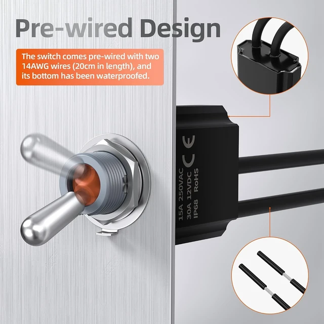 Alt view image 3 of 7 - 12V IP68 Waterproof SPST On-Off Toggle Switch, Pre-Wired Heavy-Duty 12V DC 30A/125V AC 20A Latching Rocker for Car, Boat & Marine, 2 Pack