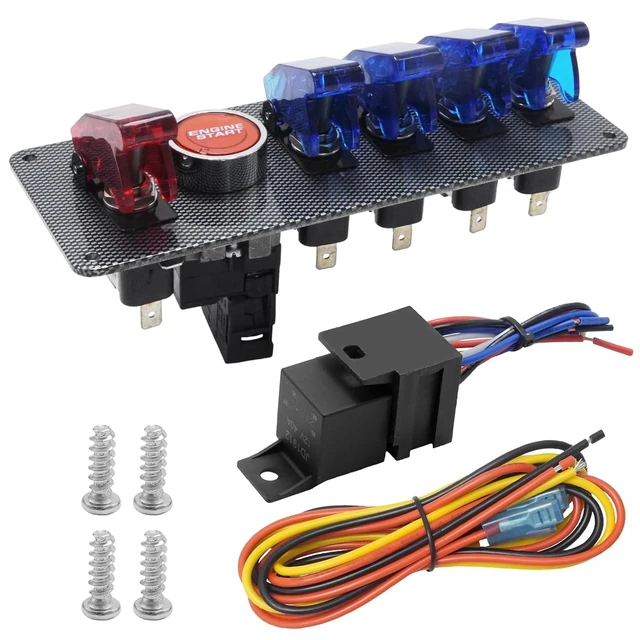 Alt view image 7 of 7 - 12V Flip-Up Ignition Switch Panel, 5-in-1 Engine Start Push Button LED Toggle for Racing/Off-Road Vehicles & Boats