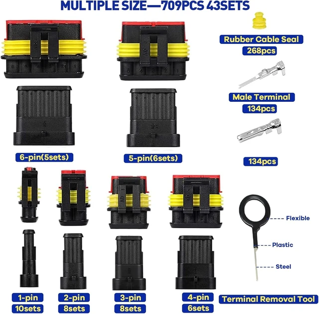 Alt view image 2 of 7 - 709Pcs Waterproof Wire Connector Kit, 43 Kits 1/2/3/4/5/6 Pin Weather Pack for 13-20 AWG with Ratchet Crimping Tool