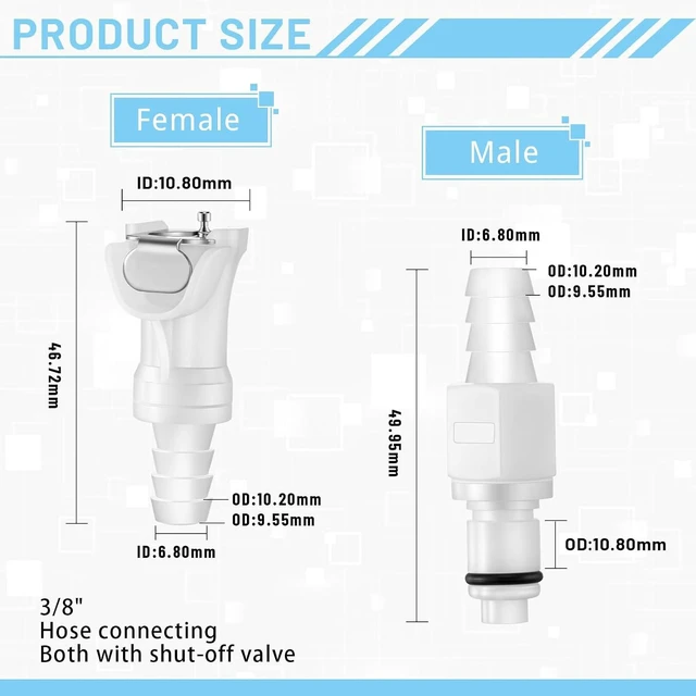Alt view image 2 of 6 - 20 Pcs 3/8" Quick Disconnect Hose Barb Insert Fittings, Plastic Male & Female Coupling (10 Female + 10 Male)