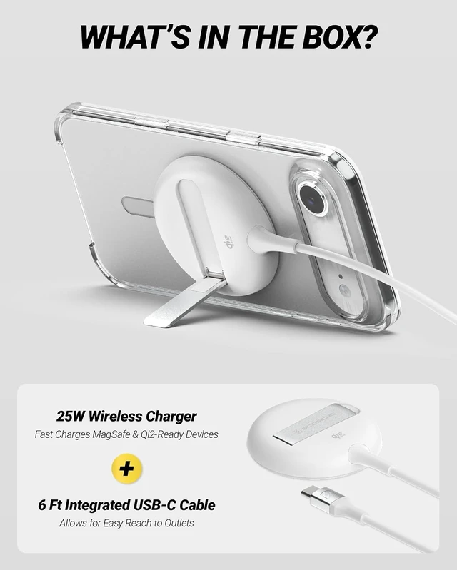 Alt view image 5 of 6 - 25W Qi2 MagSafe Wireless Charger with Kickstand, Magnetic Fast Charging Pad with 6ft USB-C Cable, Compatible with iPhone 17/16/15, Galaxy S26/25, Pixel 10