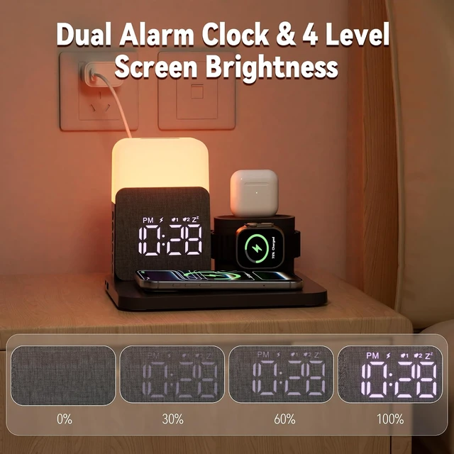 Alt view image 2 of 7 - 7-in-1 Alarm Clock Night Light with Charging Station Clock Charger for Bedroom