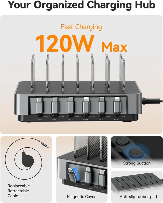 Alt view image 4 of 7 - HomeHub H1 Pro 120W Multi-Device Charging Station (Grey)