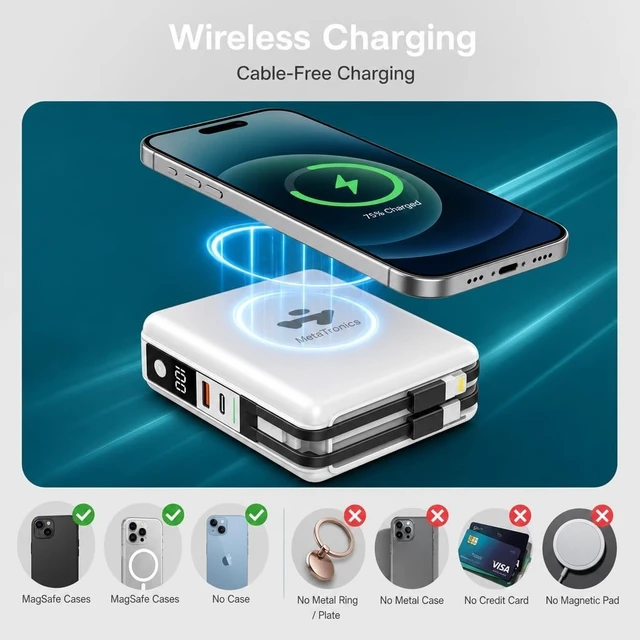 Alt view image 4 of 7 - TSA-Compliant 10000mAh MagSafe Wireless Power Bank with Wall Plug Portable Travel Charger with Built-in USB-C & Lightning Cables, Universal International Adapter for Europe/Asia/Australia
