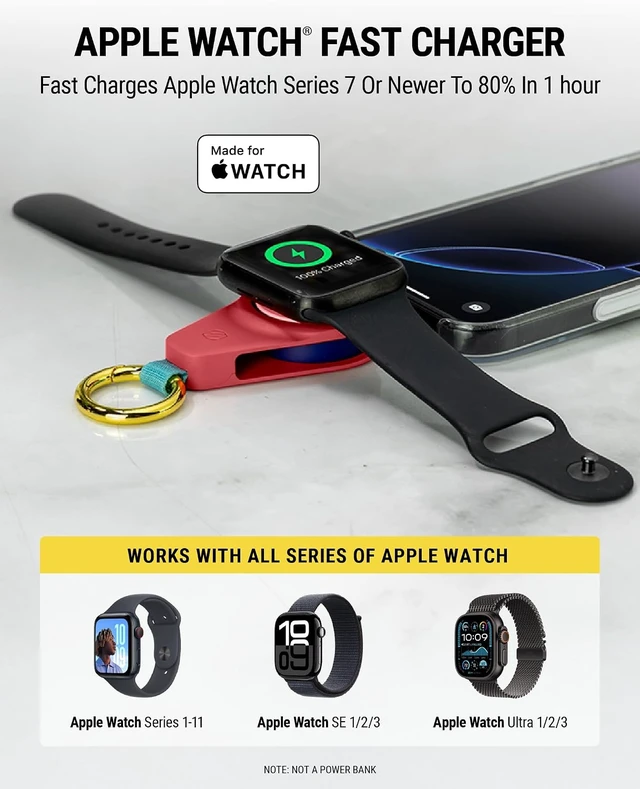 Alt view image 2 of 7 - WatchIt Keychain Magnetic Watch Charger Fast-Charging USB-C Plug-In (No Battery) Portable Travel Charger for Series 11/10/9/8/7/6/5/4, Ultra 3/2, SE3/SE2/SE & AirPods (Sunset Coral)