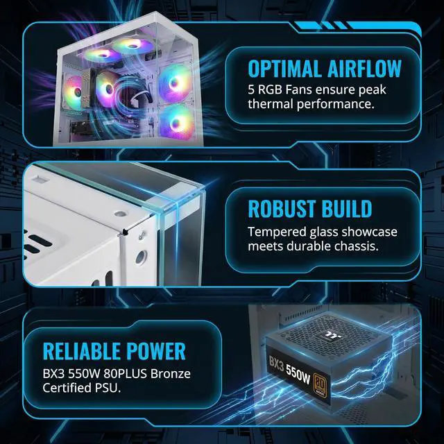 Alt view image 3 of 7 - AIGAMEPC Gaming PC Computer Desktop, Core i7 4790, GTX 1050 Ti 4GB, 16GB DDR3, 512GB M.2 SSD, BX3 550W 80PLUS Bronze PSU, WiFi 5, RGB Fan x5, Windows 11 Home, White PC