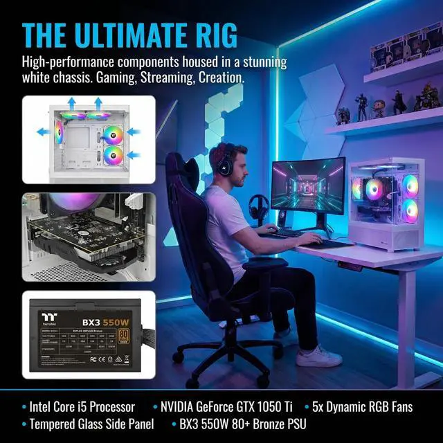 Alt view image 5 of 7 - AIGAMEPC Gaming PC Computer Desktop, Core i7 4790, GTX 1050 Ti 4GB, 16GB DDR3, 512GB M.2 SSD, BX3 550W 80PLUS Bronze PSU, WiFi 5, RGB Fan x5, Windows 11 Home, White PC