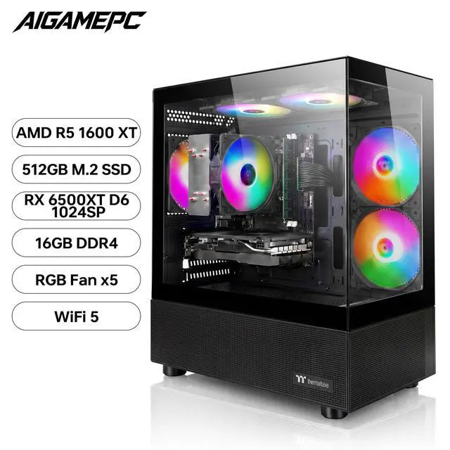 Alt view image 2 of 7 - AIGAMEPC Gaming Desktop Computer, AMD R5 1600,RX 6500XT 4G D6 1024SP,16GB DDR4,512GB M.2 SSD, BX3 550W 80PLUS Bronze PSU, RGB Fan x5, WiFi Ready & Windows 11 Home, Black